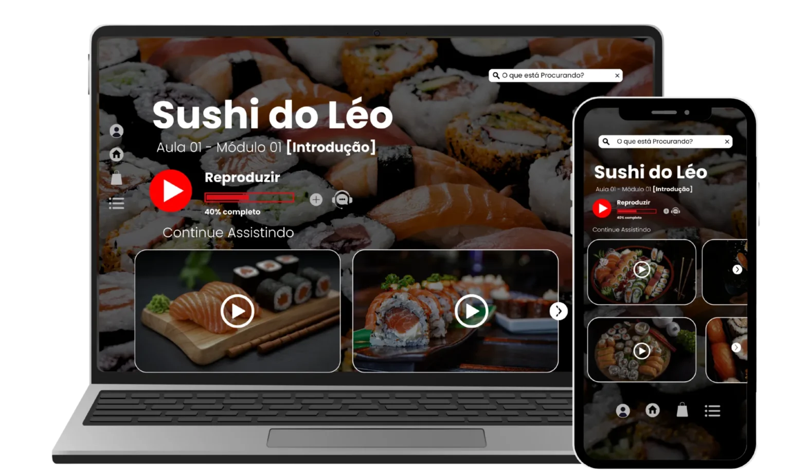 Área de aulas original do Sushi do Léo, exibida em notebook e celular