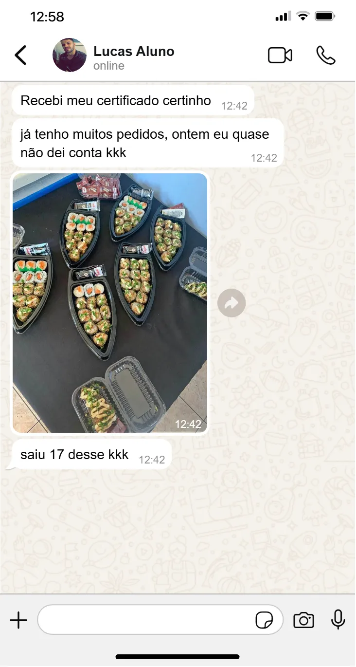 Lucas compartilha combinados de sushi, menciona o certificado e diz: já tenho muitos pedidos.